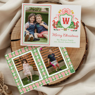 Watercolor Monogram Initial Santa Crest Photo Holiday Card