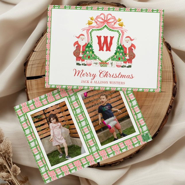 Watercolor Monogram Initial Santa Crest Photo Holiday Card (Creator Uploaded)
