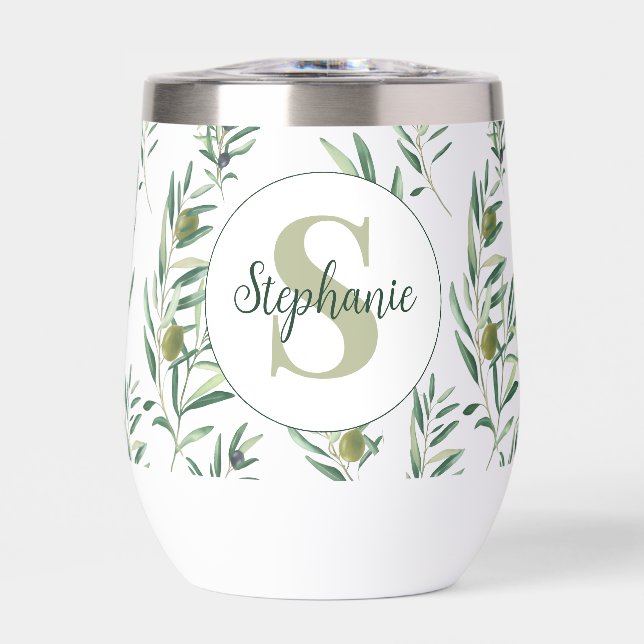 Watercolor Monogram Name Olive Branches Pattern (Front)
