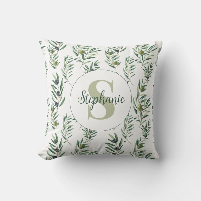Watercolor Monogram Name Olive Branches Pattern Cushion (Front)