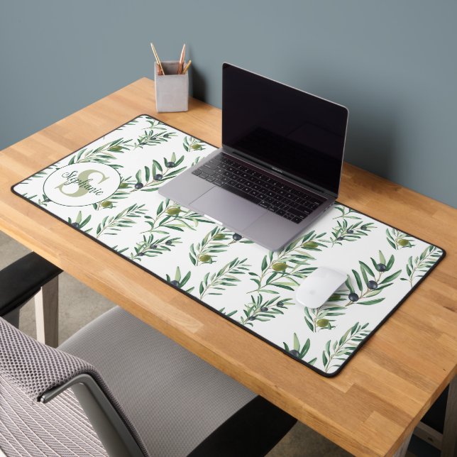Watercolor Monogram Name Olive Branches Pattern Desk Mat (Office 2)
