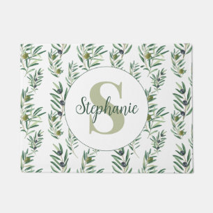 Watercolor Monogram Name Olive Branches Pattern Doormat