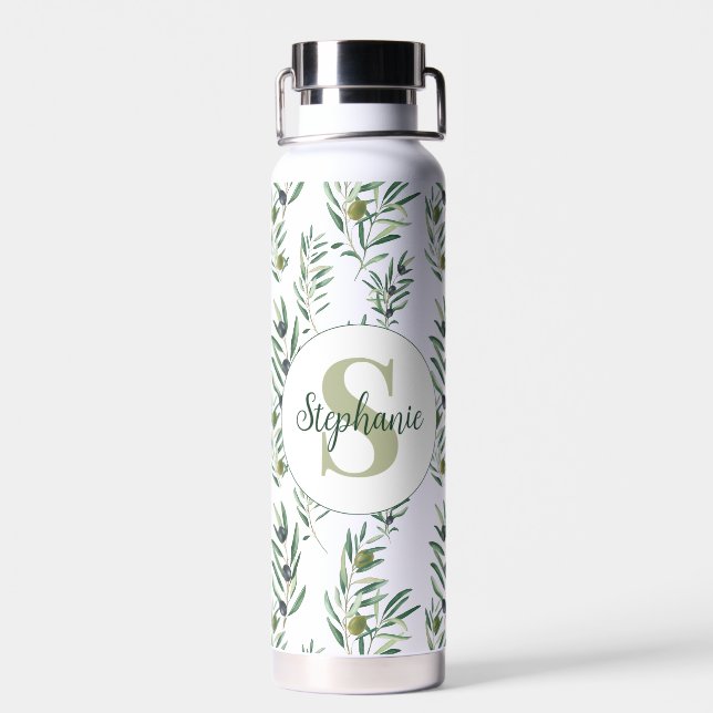 Watercolor Monogram Name Olive Branches Pattern Water Bottle (Back)