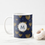 Watercolor Monogram Navy Blue   Hanukkah Pattern Coffee Mug<br><div class="desc">This Festival of Lights / Hanukkah design features a navy blue watercolor monogram in a circle bordered by a wreath with matching navy blue and gold flowers. The background pattern of menorah and Star of David is set on navy blue. The background may be changed to any colour by choosing...</div>