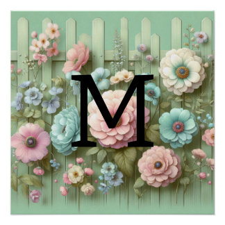Watercolor monogram pastels flowers on green wood poster