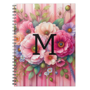 Watercolor monogram pastels flowers on pink wood notebook