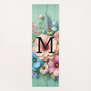 Watercolor monogram pastels flowers on teal wood yoga mat