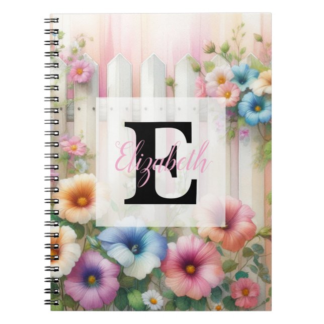 Watercolor monogram pastels flowers on white wood notebook (Front)