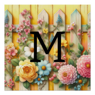 Watercolor monogram pastels flowers on yellow wood poster