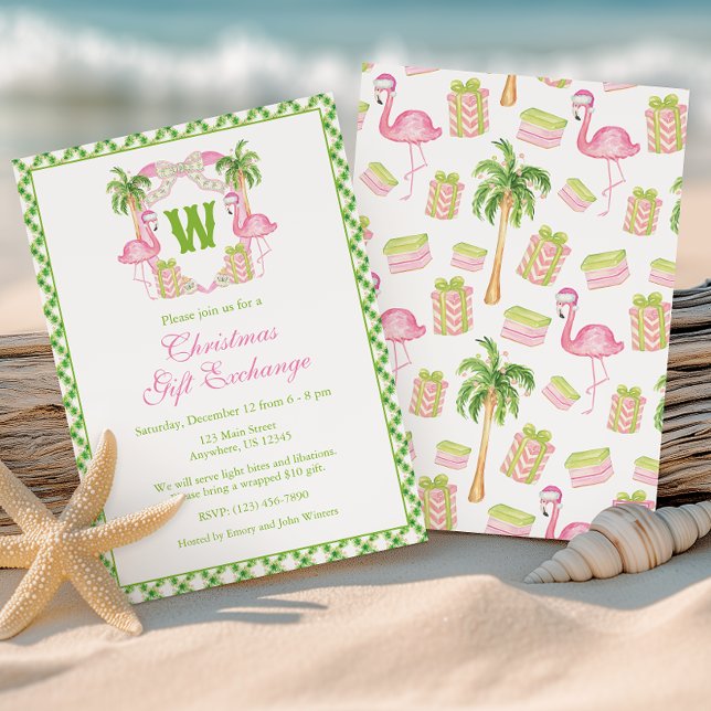 Watercolor Monogram Pink Flamingo Crest Christmas Invitation (Creator Uploaded)
