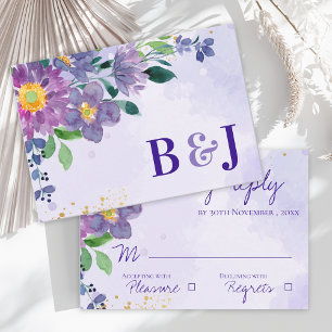Watercolor Monogram Purple Blue Floral Wedding RSVP Card