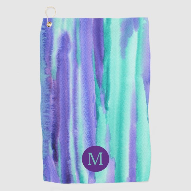 Watercolor Monogram Purple Turquoise Stripes Paint Golf Towel (Front)