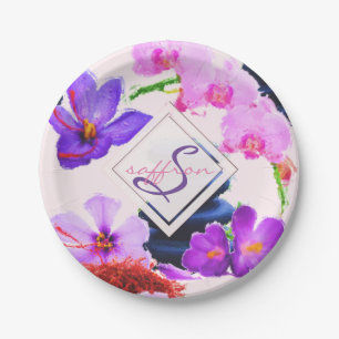 Watercolor Monogram Saffron and Orchid Flowers Zen Paper Plate