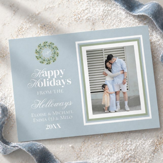 Watercolor Monogram Script Photo Flat Holiday Card (Watercolor Monogram Script Photo Flat Holiday Card)