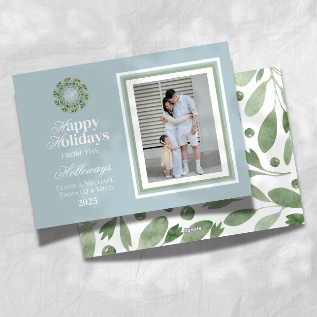 Watercolor Monogram Script Photo Flat Holiday Card (Celebrate the holiday season with this elegant blue and green holiday card!)