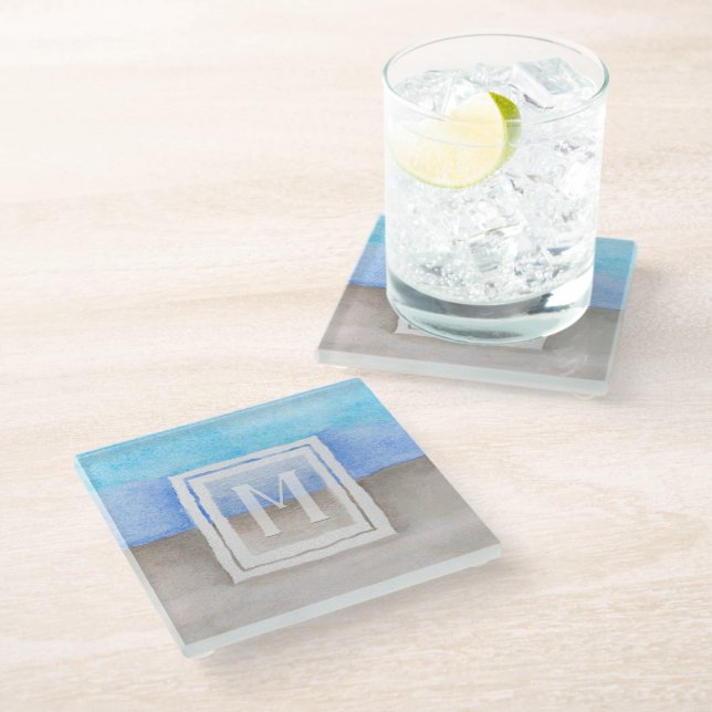 Watercolor Monogram Sea & Sand Blue and Tan Glass Coaster (Angled)