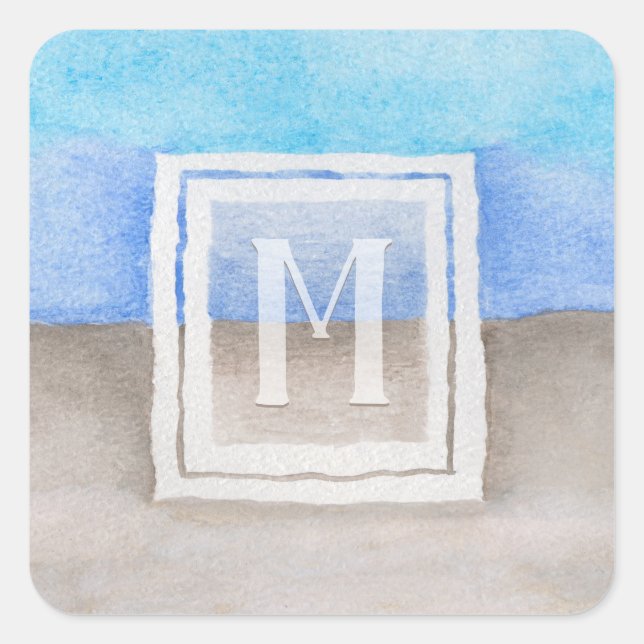 Watercolor Monogram Sea & Sand Blue and Tan Square Sticker (Front)