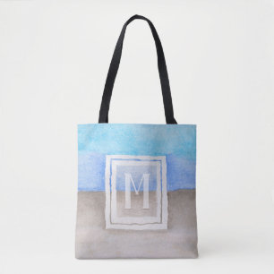 Watercolor Monogram Sea & Sand Blue and Tan Tote Bag