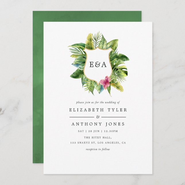 Watercolor Monogram Tropical Summer Beach Wedding Invitation (Front/Back)