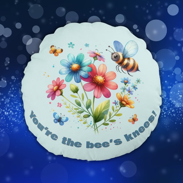 Watercolor Monogram You're the Bee's Knees Blue Round Cushion (Creator Uploaded)