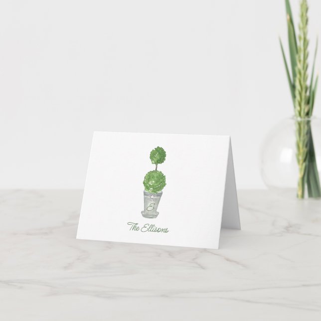 Watercolor Monogrammed Topiary Note Cards (Front)