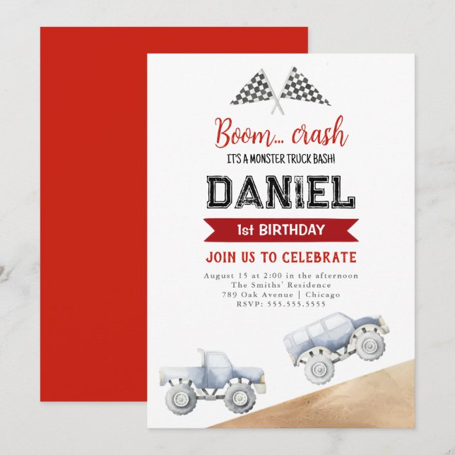 Watercolor Monster Truck 1st Birthday Invitation (Front/Back)