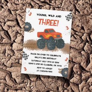 Watercolor Monster Truck 3rd Birthday Invitation 