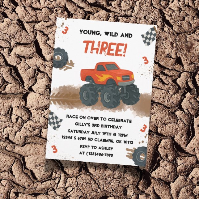 Watercolor Monster Truck 3rd Birthday Invitation  (Monster Truck invite design shown with mud and tire track details, perfect for a 3rd birthday!)
