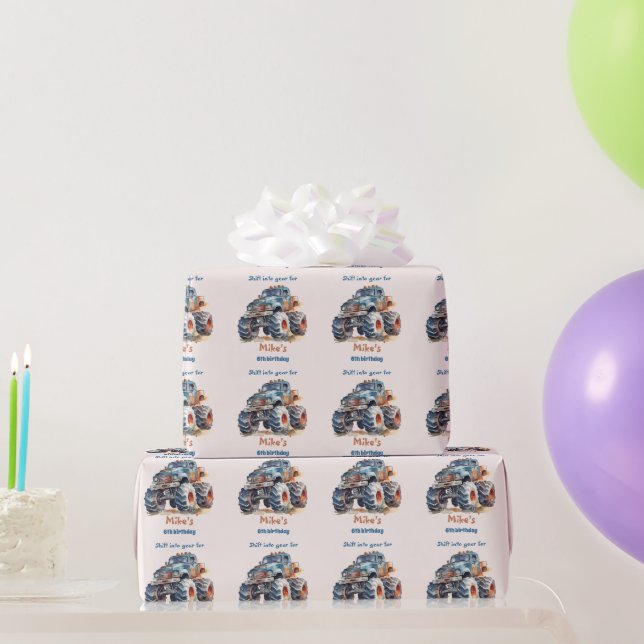 Watercolor Monster Truck boy Birthday  Wrapping Paper (Party Gifts)