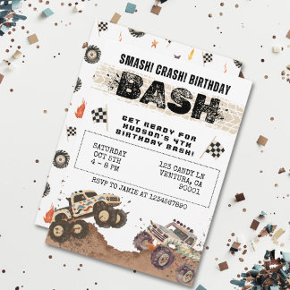 Watercolor Monster Truck Boys Birthday Party Invitation