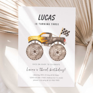 Watercolor Monster Truck Racing Birthday Party Invitation