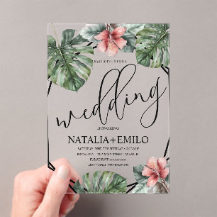 Watercolor Monstera Branch Greenery Wedding Acrylic Invitations