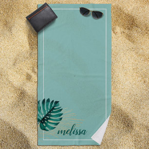Watercolor Monstera Gold Palm Leaf Teal Tropical Beach Towel