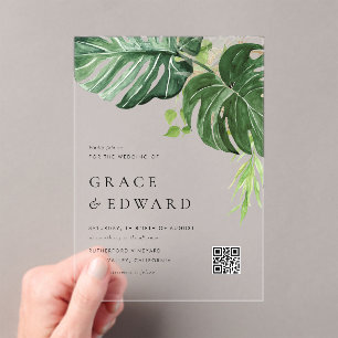 Watercolor Monstera Greenery Tropical Wedding Acrylic Invitations