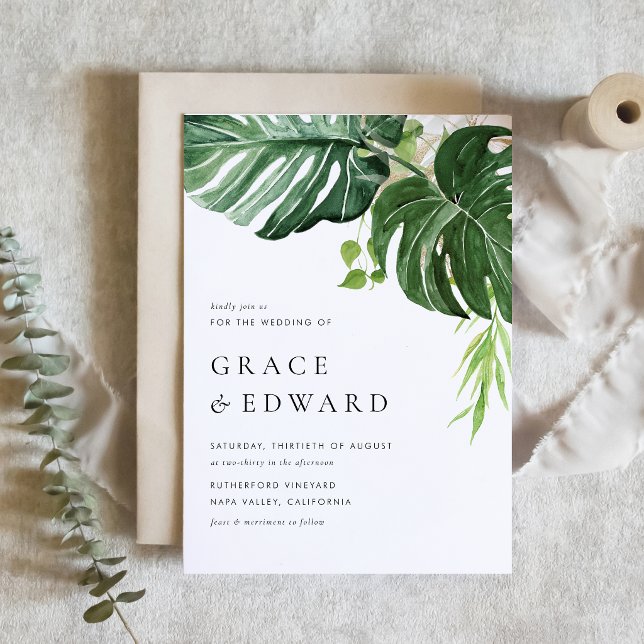 Watercolor Monstera Greenery Tropical Wedding Invitation (A tropical wedding invitation featuring watercolor monstera leaves, greenery, and gold accents.)