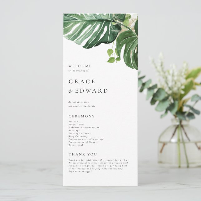 Watercolor Monstera Greenery Tropical Wedding Programme (Standing Front)