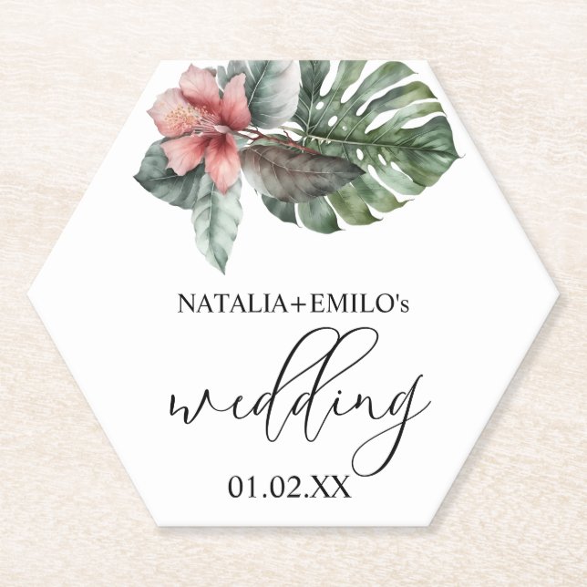 Watercolor Monstera Leaf Floral Wedding Paper Coaster (Front)