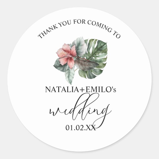 Watercolor Monstera Leaf Greenery Wedding Boda Classic Round Sticker (Front)