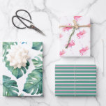 Watercolor Monstera Leaves and Pink Flamingos Wrapping Paper Sheet<br><div class="desc">Elevate your gift wrapping with Do Tell A Belle's tropical botanical greenery and stripes wrapping paper sheets. Featuring original watercolor replicas of monstera leaves and pink flamingos, this set includes a complementary striped holiday paper for a cohesive and stylish look. Perfect for a Palm Beach Christmas, white elephant exchanges, and...</div>