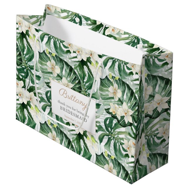Watercolor Monstera Leaves Bridesmaids Thank You Large Gift Bag (Front Angled)