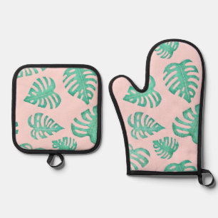 Watercolor Monstera Leaves on Ballet Pink Oven Mitt & Pot Holder Set
