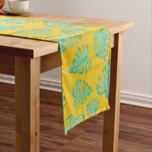 Watercolor Monstera Leaves on Mustard Yellow Medium Table Runner