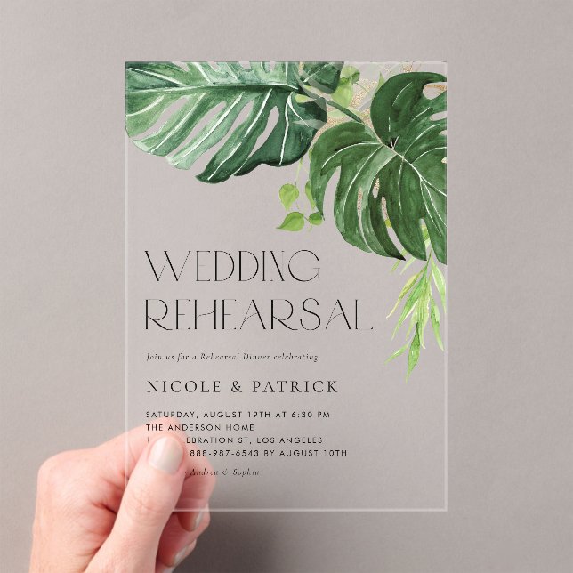 Watercolor Monstera Leaves Summer Rehearsal Dinner Acrylic Invitations (Insitu (Handheld))