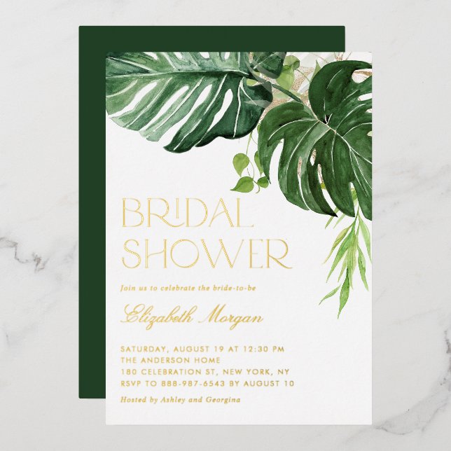 Watercolor Monstera Leaves Tropical Bridal Shower (Front/Back)