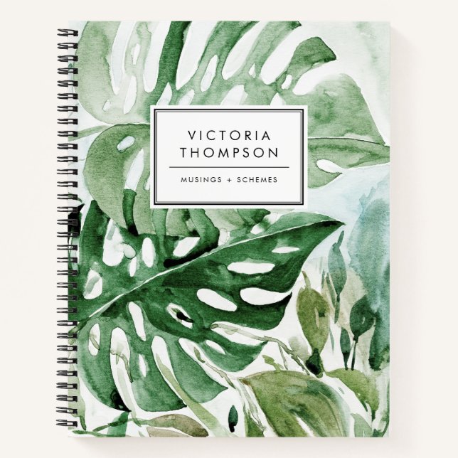 Watercolor Monstera Leaves Tropical Greenery Notebook (Front)