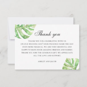 Watercolor monstera. Tropical greenery wedding Thank You Card
