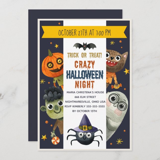 Watercolor Monsters Halloween Party Invitation (Front/Back)