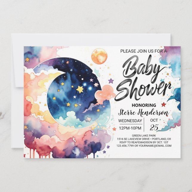Watercolor Moon and Stars Baby Shower Invitation (Front)
