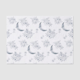 Watercolor Moon & Botanical Art Pattern Blue-Gray Tissue Paper