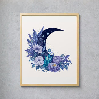 Watercolor Moon Mystical Celestial Floral Purple Poster
